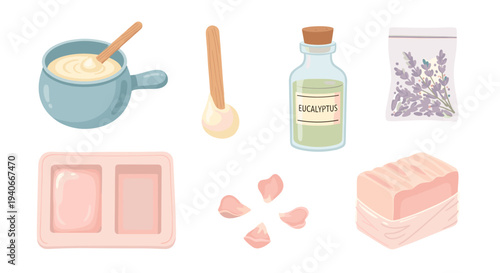 Various natural spa and beauty products are neatly arranged, showcasing ingredients like eucalyptus oil, lavender, and rose petals for a relaxing experience.