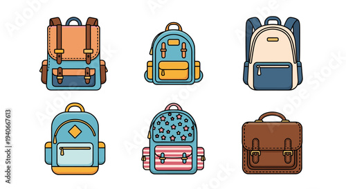 Six colorful school backpacks and a brown satchel are displayed in a charming cartoon illustration style, perfect for educational themes and back-to-school concepts.