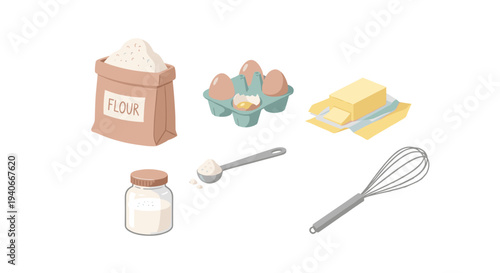 Baking ingredients and tools, including flour, eggs, butter, sugar, and a whisk, are ready for preparing delicious homemade cakes, cookies, and other sweet treats.