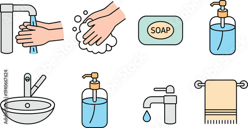 Hand washing hygiene icons with soap sanitizer faucet sink towel and clean hands symbols