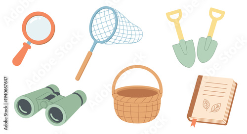 Outdoor exploration tools collection featuring a magnifying glass, net, shovels, binoculars, basket, and notebook for nature adventures.