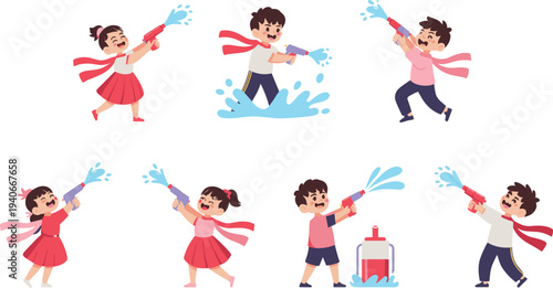 Happy children playing with water guns summer fun cartoon kids water fight activity vector set