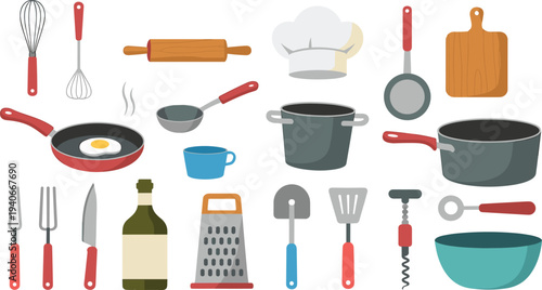 Kitchen cooking utensils collection with frying pan pot whisk knife grater and cookware tools vector illustration