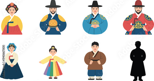 Korean traditional hanbok people characters set with royal costume noble officials and cultural clothing