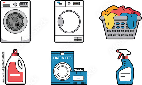 Laundry equipment and cleaning supplies icons set with washing machine dryer basket detergent vector illustration