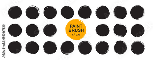 Brush paint round shape, grunge sun stamp, abstract ink badge icon. Circle rough black frame crayon effect. Dirty mark set isolated on white bg. Sketch black and yellow elements. Vector illustration