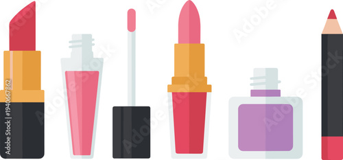 Makeup cosmetics collection with lipstick lip gloss nail polish and lip liner beauty vector illustration