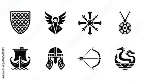 Viking and medieval symbols and objects on white background