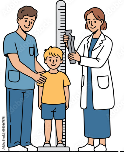 Pediatric doctor measuring child height with stadiometer during medical checkup healthcare vector illustration isolated
