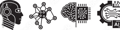 Set of Artificial Intelligence and Neural Network Technology Icons, Digital Brain and Machine Learning Concepts, Minimalist Vector Illustration of AI Innovations and Data Science Elements .
