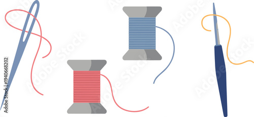 Sewing tools set with needle thread spools and seam ripper isolated vector illustration for tailoring craft