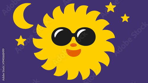 Cute smiling sun with sunglasses on a dark night sky with crescent moon and stars. Concept of day and night, dreamy bedtime atmosphere.