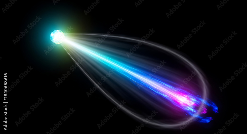 Obraz premium Glowing orb emitting vibrant blue purple light beam in dark environment motion abstract energy effect