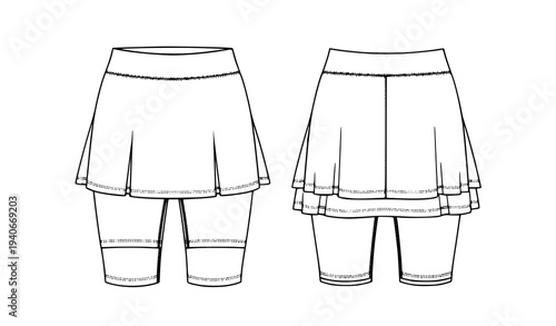 Women White Tennis Mini Skirt with Inner Leggings Technical Flat Drawing CAD Template