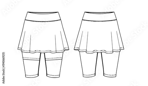 Women White Tennis Skirt with Shorts Flat Sketch Technical CAD Mockup