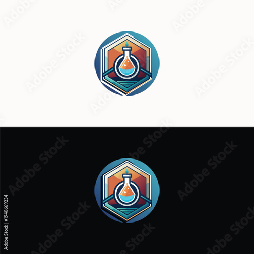 A vibrant hexagonal badge prominently displays a classic scientific flask with active bubbling liquid, encased within a circular emblem.