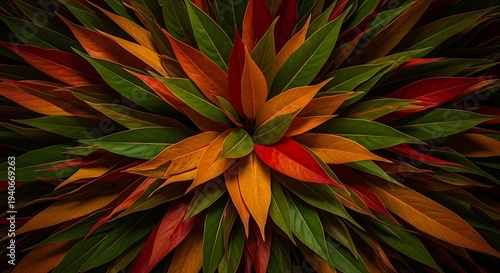 Stunning natural pattern of vibrant green, orange, and red leaves, perfect for design and artistic projects