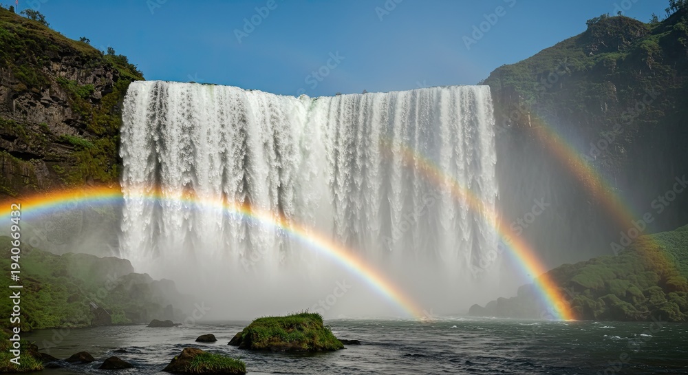 Obraz premium A cinematic photo of a majestic waterfall with rainbows in a lush, green valley surrounded by mountains