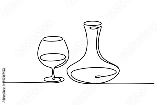Minimalist black and white line of a wine glass and a wine decanter line black and white monochrome