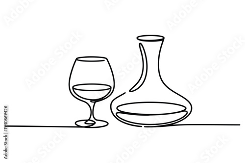 Minimalist black and white line of a wine glass and a wine decanter on a flat surface line wine glass
