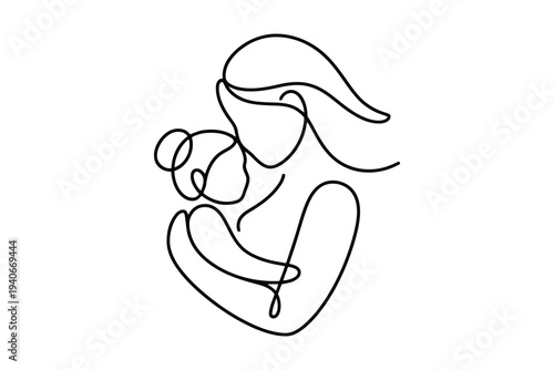 Minimalist black and white line of a woman holding a baby in profile view line black and white monochrome