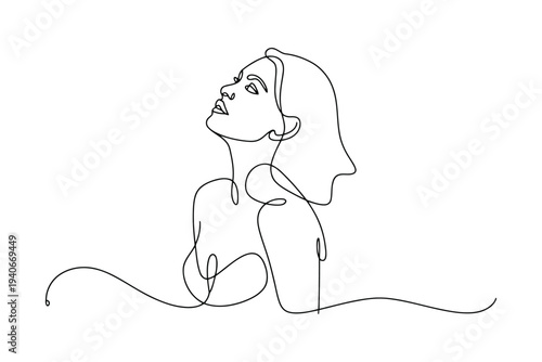 Minimalist black and white line of a woman profile with closed eyes looking upward line black and white