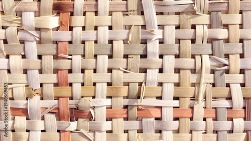 A woven textile pattern featuring interlaced strips of material in various shades, showcasing texture and design from a close-up viewpoint