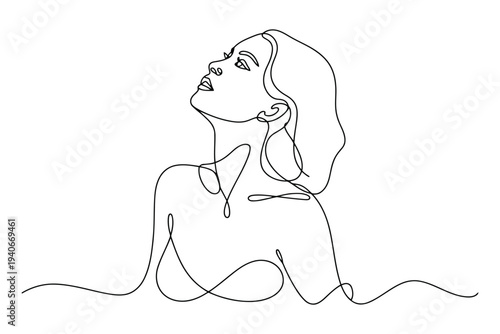 Minimalist black and white line of a woman profile with flowing hair and closed eyes looking upward line minimalist