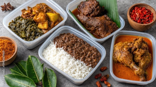 Assortment of ready-to-eat savory meals packaged in clear plastic containers on a neutral surface.