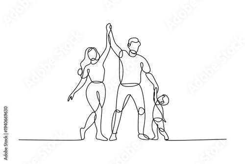Minimalist line of a family with raised hands walking together line black and white parents child