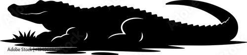 A striking black silhouette depicts a relaxed alligator partially submerged in water with reeds nearby high-quality professional detailed.