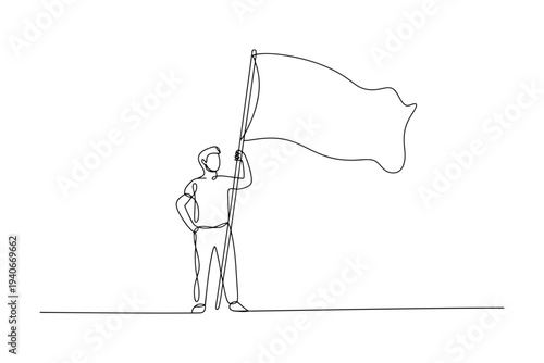 Minimalist line of a person holding a waving flag on a white background line person