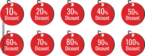 Set of red circular discount tags from 10 to 100 percent, minimalist retail price labels with hanging hooks, promotional stickers for sales and marketing.