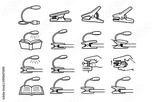 Clamp installation outline usb icon book geometry reading mounting vector attachment lamp