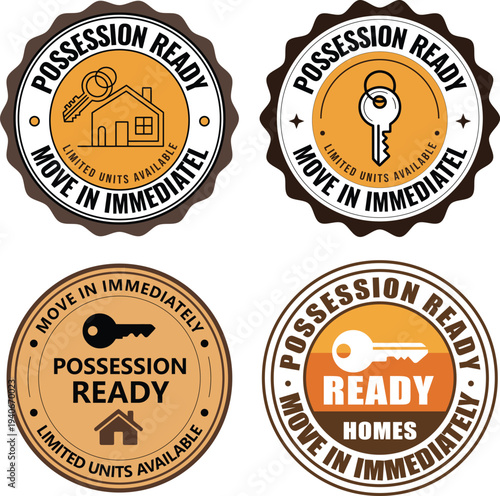 Real Estate Possession Ready and Move In Immediately seal with house and key icons, vector set