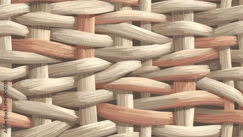 Intricate woven texture of natural fibers in a traditional basket weaving pattern, viewed from directly above, showcasing interlaced threads and craftsmanship