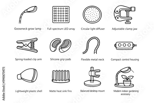 Adjustable plant heat clip flexible control clamp vector icons gardening icon led