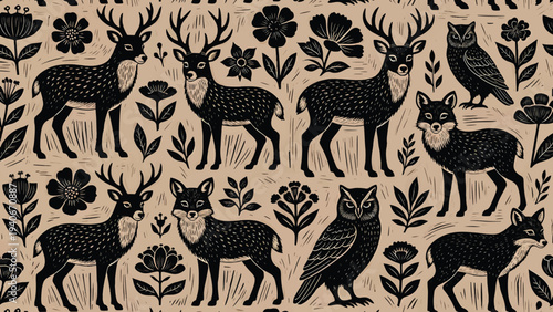 A serene forest scene featuring deer and owls amidst foliage, a seamless pattern from a bird's eye view