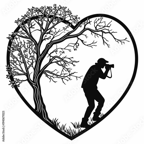Vector silhouette of photographer taking picture in heart shaped landscape with tree