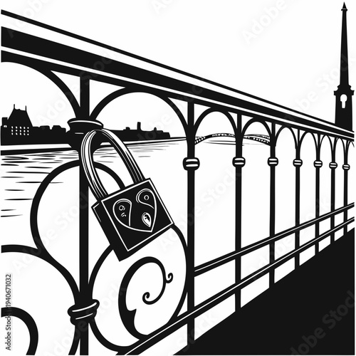 Vector illustration of a padlock on a wrought iron railing with city skyline