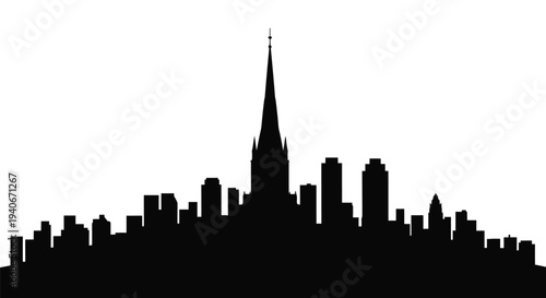 Silhouetted cityscape featuring a prominent spire and numerous buildings