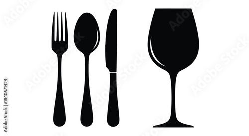 Black silhouette icons of cutlery and a wine glass arrangement