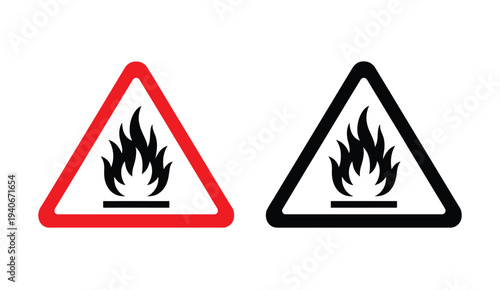 Fire And Flame Warning Triangle Signs, Red And Black Outline Hazard Symbols, Safety Caution Labels For Fire Risk Areas, Modern Vector Illustration For Regulatory And Industrial Safety Design.