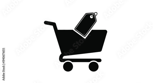 Simple black silhouette of a shopping cart with a price tag