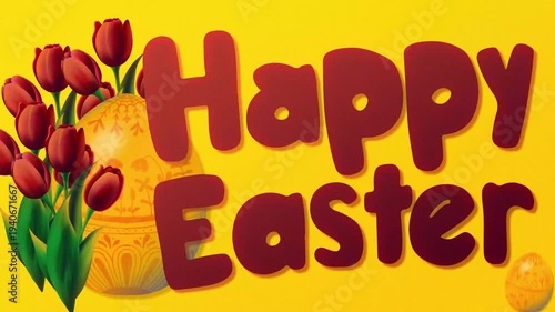 Happy Easter animation with red tulips and decorated eggs on yellow background