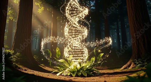 Enchanting DNA helix composed of musical notes glowing in a serene forest with sunbeams filtering through trees, evoking harmony between science and art