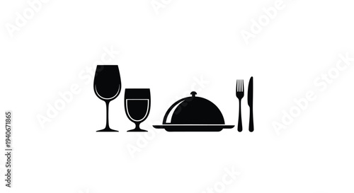 Minimalist black silhouette depicting a wine glass dish and cutlery