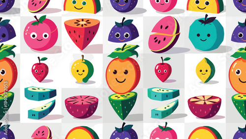 A vibrant collage of cartoon fruits with smiling faces, arranged in a grid pattern on a clean background, offering a cheerful and playful visual treat from a straightforward viewpoint.