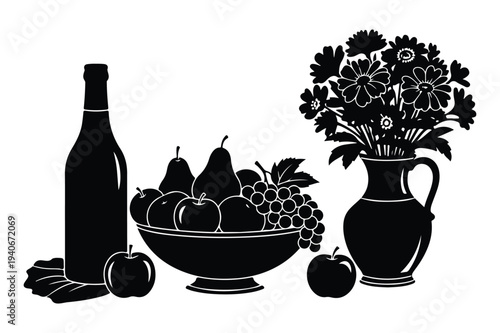 Still Life with Wine Bottle, Fruit Bowl, and Flowers