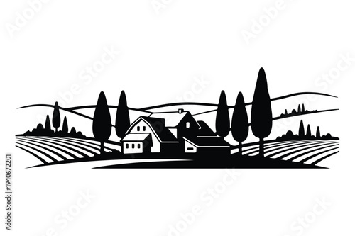 Farm Landscape with Fields, House, and Trees